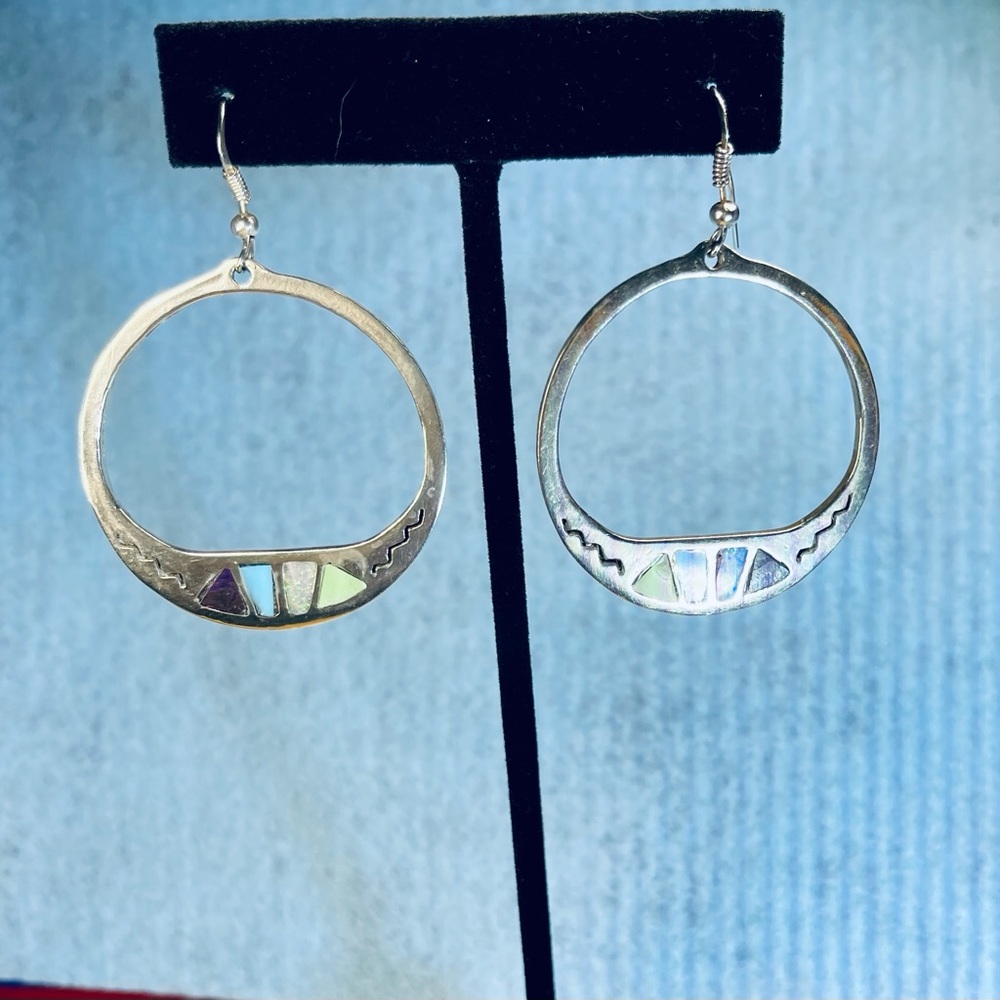 Unique Large Native American Sterling Circle Earrings w/inlaid Stone Veneers
